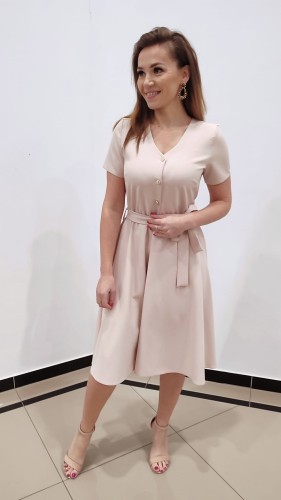 Sukienka z guzikami i dekoltem w serek beżowa