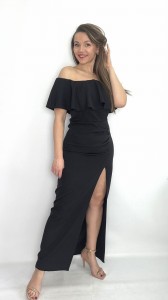 Sukienka maxi hiszpanka typu ''Carmen'' z rozcięciem czarna