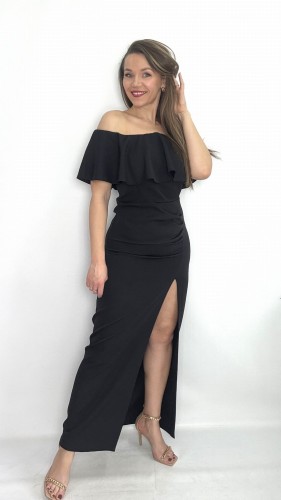 Sukienka maxi hiszpanka typu ''Carmen'' z rozcięciem czarna