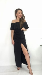 Sukienka maxi hiszpanka typu ''Carmen'' z rozcięciem czarna