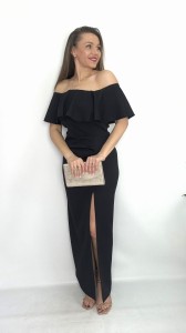 Sukienka maxi hiszpanka typu ''Carmen'' z rozcięciem czarna