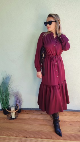Sukienka koszulowa rozpinana midi zakończona falbaną bordowa