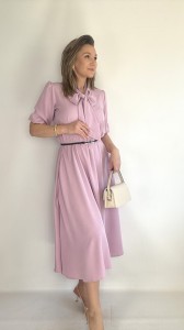 Sukienka rozkloszowana midi z krawatem na komunię chrzciny puder róż