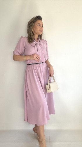 Sukienka rozkloszowana midi z krawatem na komunię chrzciny puder róż