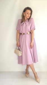 Sukienka rozkloszowana midi z krawatem na komunię chrzciny puder róż