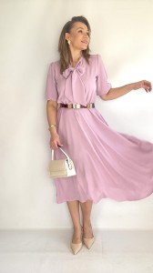 Sukienka rozkloszowana midi z krawatem na komunię chrzciny puder róż