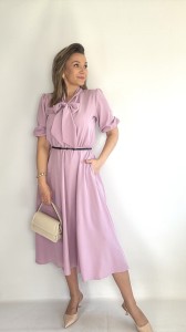 Sukienka rozkloszowana midi z krawatem na komunię chrzciny puder róż