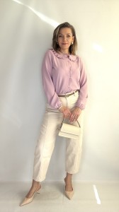 Koszula Damska z ozdobnym kołnierzykiem na guziki puder róż