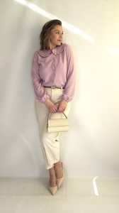 Koszula Damska z ozdobnym kołnierzykiem na guziki puder róż