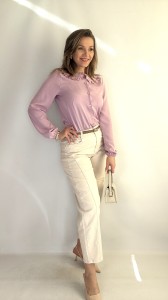 Koszula Damska z ozdobnym kołnierzykiem na guziki puder róż