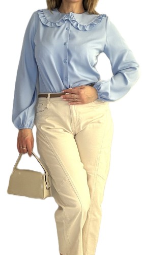 Koszula Damska z ozdobnym kołnierzykiem na guziki błękitna