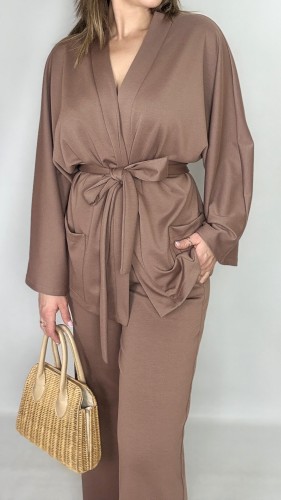 Narzutka-Kimono z kieszeniami i wiązaniem carmel