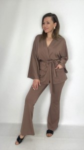 Narzutka-Kimono z kieszeniami i wiązaniem carmel