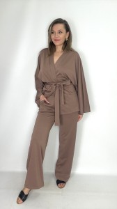 Narzutka-Kimono z kieszeniami i wiązaniem carmel