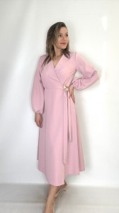 Elegancka Sukienka midi kopertowa z wiązaniem puder róż