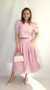 Elegancki komplet spódnica midi + bluzka z bufkami puder róż