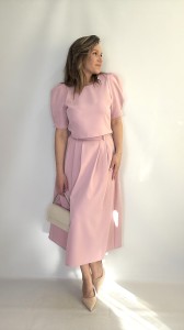 Elegancki komplet spódnica midi + bluzka z bufkami puder róż