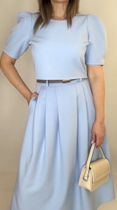 Elegancki komplet spódnica midi + bluzka z bufkami błękitna